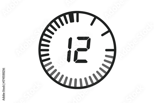12 seconds timer icon. Twelve second digital clock symbol. Countdown vector illustration. Stopwatch counter graphic. Time measurement pictogram. Chronometer watch face element.