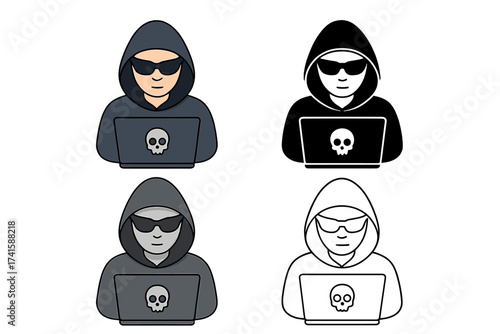 Hacker icon set. Anonymous person in hoodie with laptop. Cybercrime, cybersecurity concept. Spy, programmer, user. Incognito man with skull computer vector illustration set.
