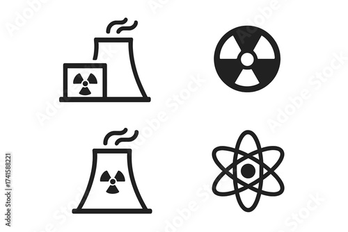 Nuclear energy icon set. Atomic power plant pictogram. Radiation hazard symbol. Radioactive waste warning sign. Atom model. Science, physics, technology vector illustration.