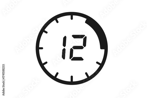 12 seconds timer icon. Digital stopwatch symbol with countdown. Clock face for time management. Urgency, deadline concept. Vector for sport, cooking, game user interface UI.
