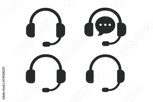Headset icon set for customer service and support. Vector illustration of call center operator headphones with microphone and chat bubble. For contact us and help desk design.