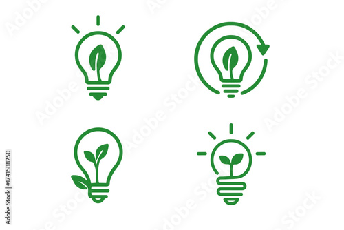 Eco light bulb icon set. Green energy symbol collection. Renewable power and electricity concept. Sustainable nature tech logo. Plant leaf in lamp vector illustration.