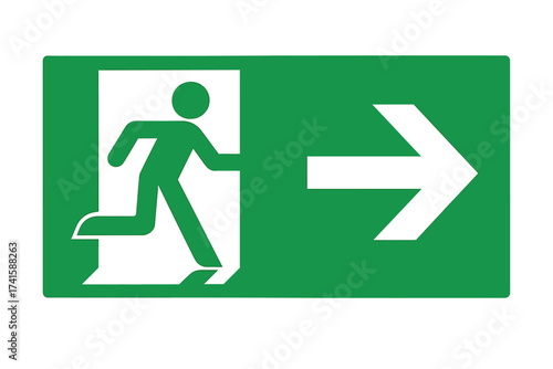 Emergency exit sign right arrow. Running man icon. Vector illustration for safety, evacuation route. Fire escape symbol. Green warning pictogram. Way out direction guidance.