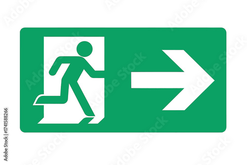 Emergency exit sign with right arrow. Safety evacuation route symbol for public buildings. Green warning icon for fire security and escape. Way out directional pointer vector.