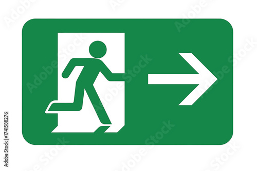 Emergency exit sign right arrow. Green safety guidance symbol with running man icon. Vector pictogram for fire escape and evacuation route. Way out information concept.