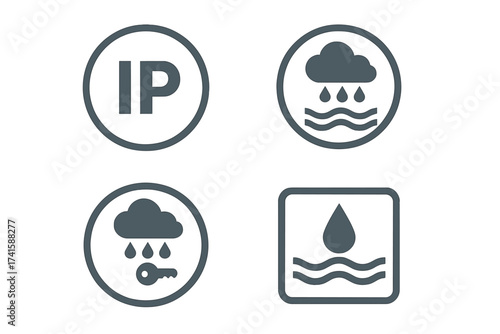 IP67 waterproof icon set. Water resistant badge and label collection. Vector illustration for product packaging. Rain and water proof symbol. Technology standard quality seal.