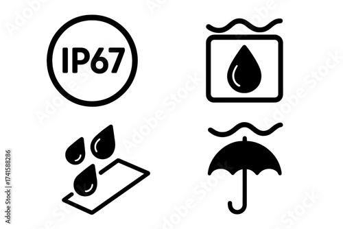 Set of waterproof icons. IP67 standard water resistant symbol. Vector illustration for package. Hydrophobic material label. Keep dry sign. Water repellent surface badge.