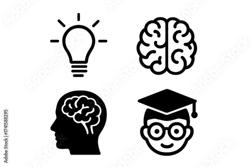 Set of icons for intelligence and knowledge. Includes brain, light bulb idea, genius student, and head silhouette. Vector for concepts like IQ test, smart thinking, and education.