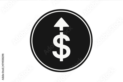 Cost increase icon. Dollar sign with arrow up. Price growth symbol. Financial success, profit, and salary boost concept. Inflation, expensive, and value appreciation vector.