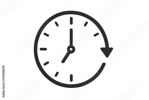 Six minutes clock icon. 6 min timer symbol with circular arrow. Time management and deadline concept. Vector watch face for countdown, schedule, history, or passage of time.