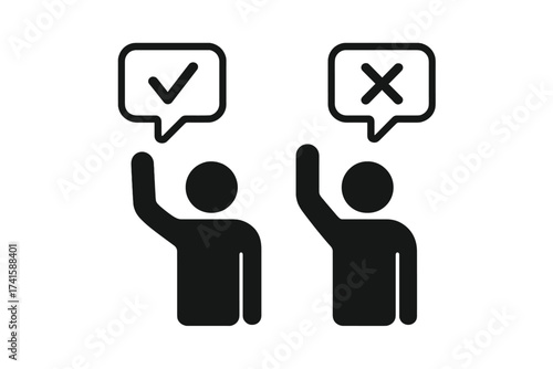 People vote yes or no. Man with check mark and cross for feedback, decision, survey or quiz. Approve and disapprove icon. Agreement and disagreement concept. Right and wrong choice.
