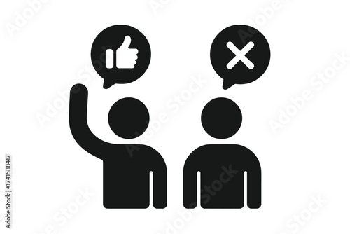 Feedback concept vector icon. People vote yes or no. Thumbs up and cross mark. Agreement and disagreement. Approve and disapprove. Positive and negative opinion choice.