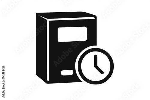 Archive box with clock icon. Time management, history concept. Document storage, records retention period, deadline symbol. Long-term data file management vector illustration.
