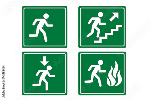Emergency exit sign set. Fire escape route symbols. Green running man icon collection for safety and evacuation. Danger warning signage for buildings. Vector way out pictogram.