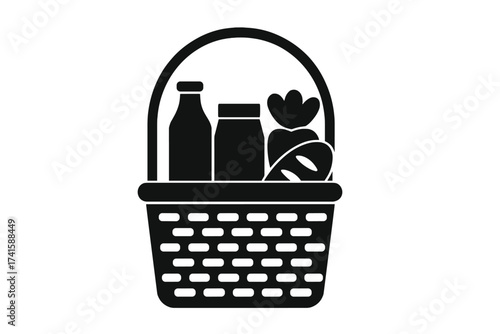 Shopping basket with groceries icon. Food delivery and market concept. Vector graphic symbol for picnic, store, supermarket. Contains milk bottle, bread, jar. Silhouette.