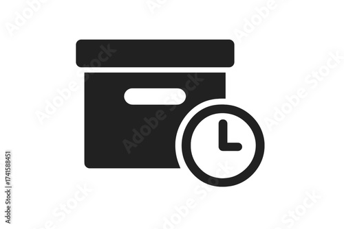 Archive box with clock icon vector. Symbol for data retention period, records management, and long-term storage. History, deadline, and information preservation concept.
