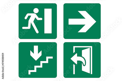 Set of green emergency exit signs. Evacuation route pictograms. Safety and fire escape icons. Vector illustration with running man, arrow, stairs and open door symbols.