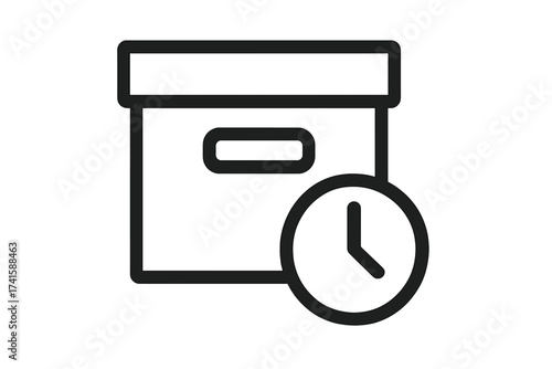 Archive box with clock icon. Data retention period and storage duration concept. Time management, deadline, and history record symbol. Vector line icon for file organization.