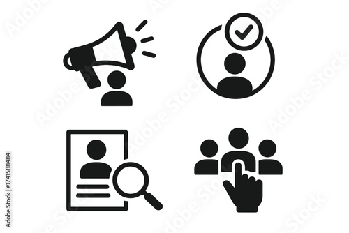 Hiring and recruitment icon set. Human resources concept for job vacancy and employment. Business symbols for career search, candidate selection, team building, and staffing.