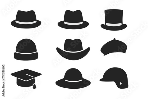 Hat icon collection vector. Headwear fashion silhouette set. Costume accessory concept. Male female headgear. Fedora, top hat, beanie, cowboy, beret, graduation cap, helmet.