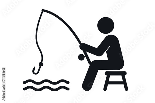 Man fishing icon vector illustration, leisure activity concept, person sitting on stool fishing with rod and hook, outdoor hobby, water sport, simple black silhouette design