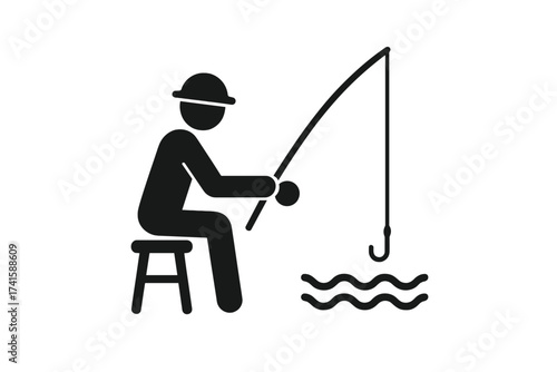 Man Fishing Icon Vector Illustration, Leisure Activity Concept, Outdoor Hobby, Angler with Fishing Rod Sitting on Stool by Water, Simple Black Silhouette Design