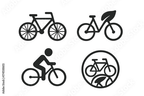 Bike vector icon set. Ecological alternative transportation. Bicycle symbol collection. Cyclist pictogram, healthy lifestyle, green transport and eco friendly vehicle sign.