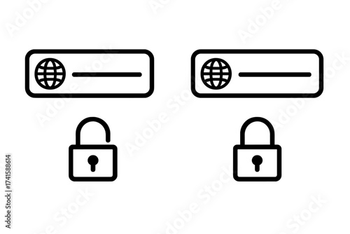 HTTP and HTTPS protocol icon set. Secure and insecure website connection symbols. Padlock and browser address bar for internet safety, data protection, and SSL certificate.