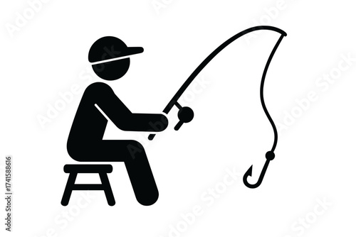 Silhouette man fishing with rod and hook sitting on stool, leisure outdoor activity concept, vector illustration with transparent background, relaxation sport hobby design