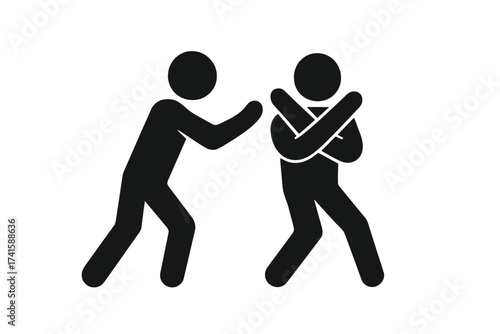 Man pushing another person refusing action, disagreement concept, conflict interaction icon, simple black silhouette vector illustration, transparent background