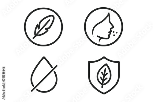 Hypoallergenic cosmetic icon set. Dermatologically tested, fragrance free, natural product label. Sensitive skin certified symbol. Vector for beauty packaging. Paraben free.
