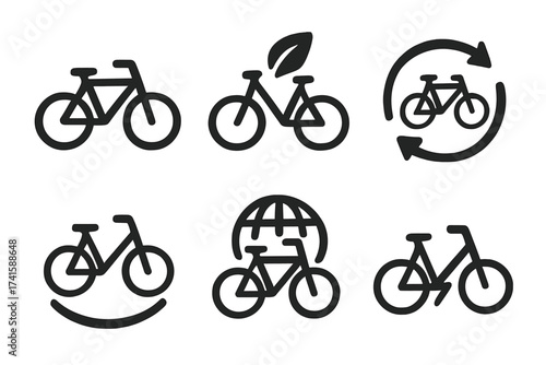 Bike vector icon set for ecological transport. Includes icons for green travel, bicycle sharing, global transportation, and healthy lifestyle. Sustainable and eco-friendly concept.