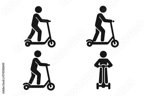 Electric scooter icon set with man riding, vector illustration collection of e-scooter silhouette symbols, black pictograms on transparent background, urban transport and mobility concept icons