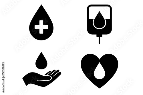 Blood donation icon set. Medical symbol collection for charity and healthcare. Vector icons of blood drop, transfusion bag, hand and heart for world donor day concept.