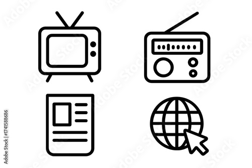 Mass media icon set outline design featuring vintage television TV, portable radio, newspaper, and internet globe with cursor. Digital marketing and communication vector illustration