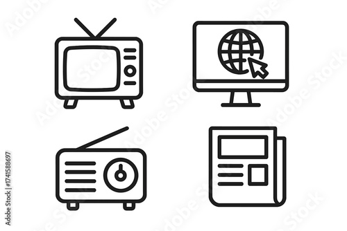 Mass media icon set outline design with vintage television TV, classic radio, newspaper, internet globe and cursor icons for digital marketing concept vector illustration