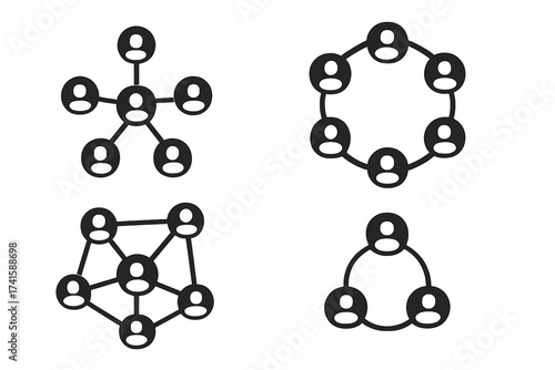 People connection and social network icon set. Communication, teamwork, and community concept. Business organization, partnership, and group structure vector pictogram.