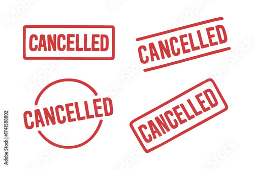 Cancelled label sign icon set. Red cancelled stamp collection. Vector grunge rubber stamp for cancelled event, order, or document. Rejected, denied, and void seal.