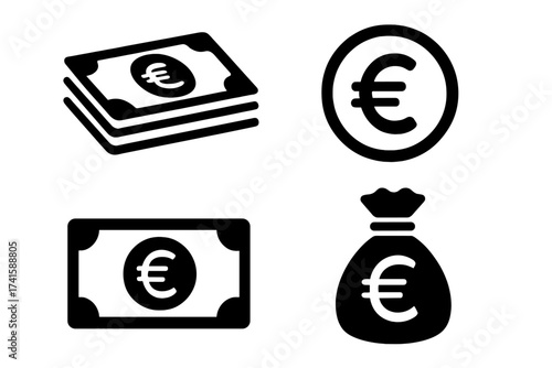 Euro currency money icon set. Vector illustration of euro banknotes, coin, and money bag, financial symbols, currency signs, cash and wealth concept, transparent background