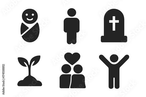 Life cycle icon set. Vector graphics of life stages from birth to death. Includes baby, adult, couple in love, growth, happiness and grave symbols. Human existence concept.