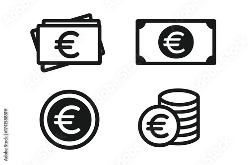 Euro money icon set, vector illustration with transparent background, currency symbols stack of coins and banknotes, euro coin and cash symbols, financial and banking graphic design