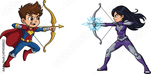 Cartoon superhero kids with bows, boy archer hero illustration, girl futuristic archer, action mascot artwork, competitive children superhero character design