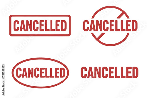 Cancelled rubber stamp vector collection. Red grunge seal icon set. Denied, rejected, void, postponed text label. Grungy ink texture sign for documents illustration.