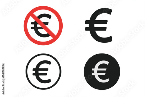 No Euro currency icon set with transparent background, vector illustration of free Euro symbols, ordered icons showing Euro sign variations, financial currency concept, money, Europe