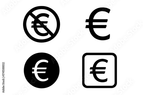 No Euro currency symbol icon set, vector illustration in various styles including prohibited, simple, round, and framed, transparent background, ordered collection for design and finance use
