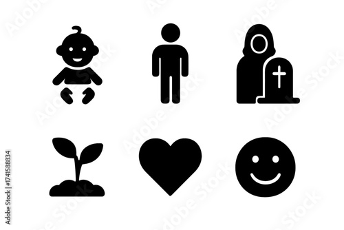 Life cycle icon set with birth, growth, love, and death. Vector symbols for human stages: baby, adult, and end of life. Includes happiness, plant sprout, and heart icons.
