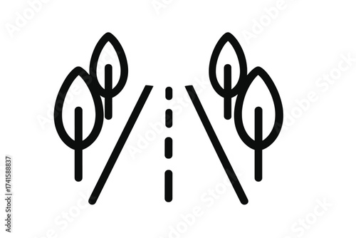 Road with trees line icon. Path, journey, and travel concept. Highway in perspective with forest on the sides. Route, direction, and destination symbol. Drive, trip vector.