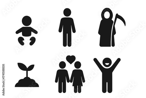 Life cycle vector icon set. Human life stages from birth to death. Contains symbols for child, adult, love, happiness, growth and the grim reaper. People pictograms.