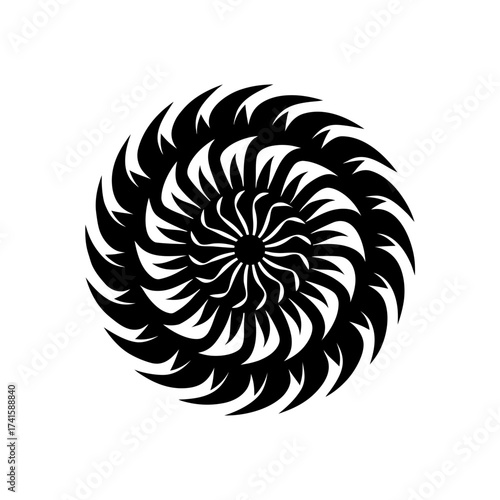 Abstract swirling floral design in black ink on transparent background silhouette