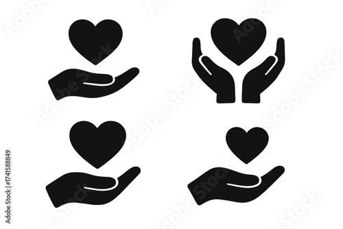Care and charity icon set. Hand holding heart symbol. Vector illustration for donation, help, and volunteering concepts. Love, kindness, health, and support pictogram.